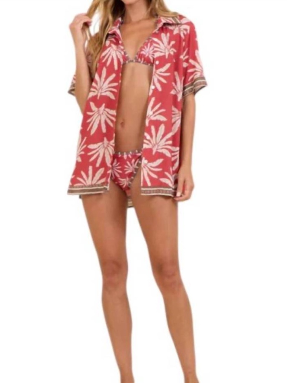 SURF GYPSY Crepe Short Sleeve Button Up Shirt in Palm Island Tropical Size Small